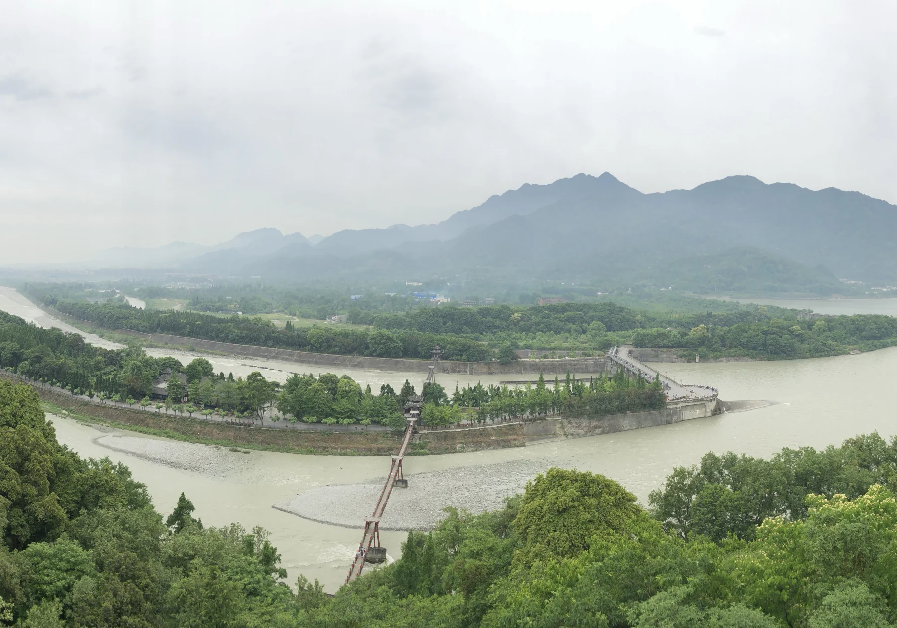 Wide view of the Dujiangyan Irrigation System, river channels and surrounding mountains