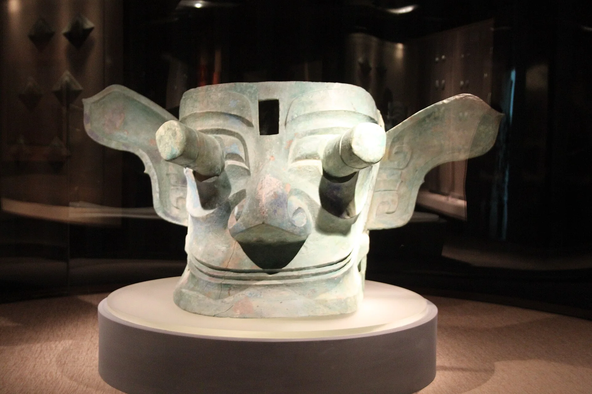 Complete bronze mask with protruding eyes at Sanxingdui Museum